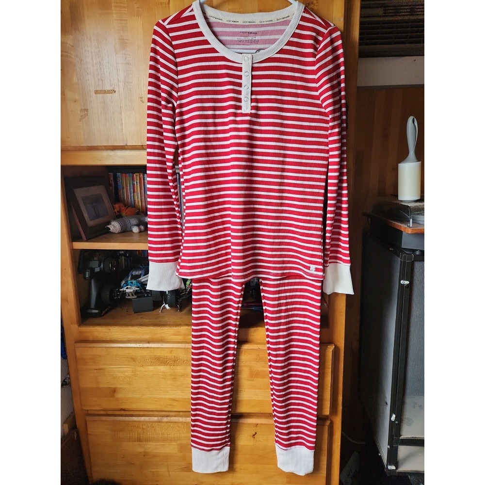 NWOT Women's Lucky Brand Waffle Red Stripped 2-piece Sleep Set, Sz S.